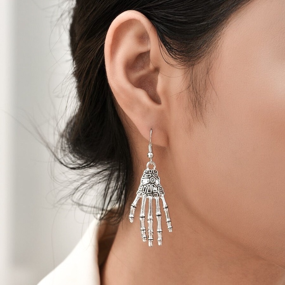 Any 2/$20! Antiqued Silver Skeleton Hand Earrings - Picture 2 of 8